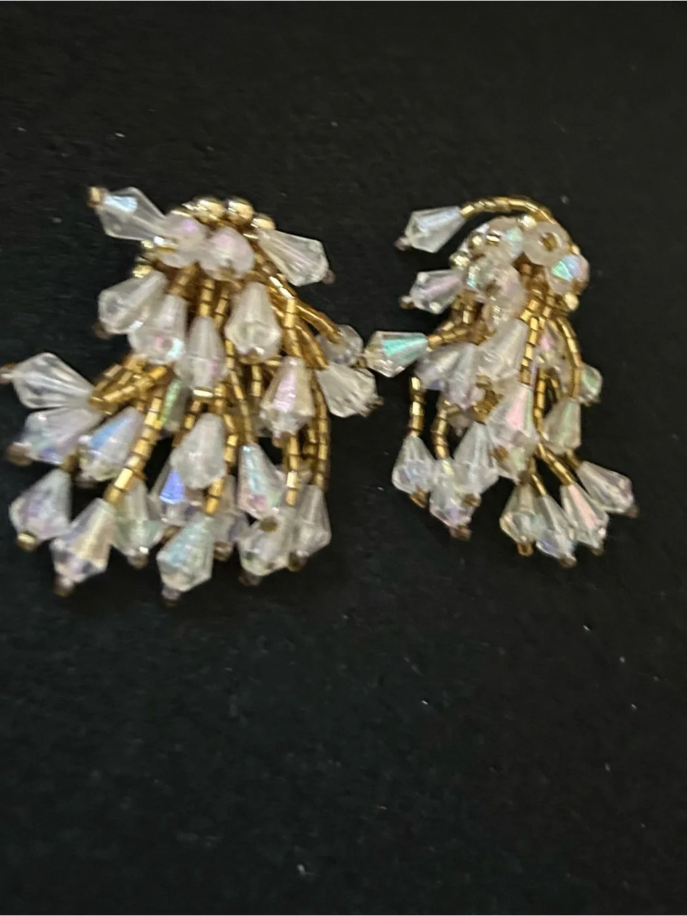 Vintage Gold Beaded Crystal Cluster Earrings - Clear/Gold